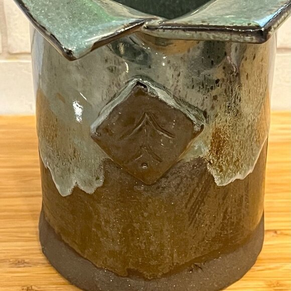 Signed Handmade Studio Art Pottery Vase with Drip Glaze Unique Green Brown - Picture 2 of 11